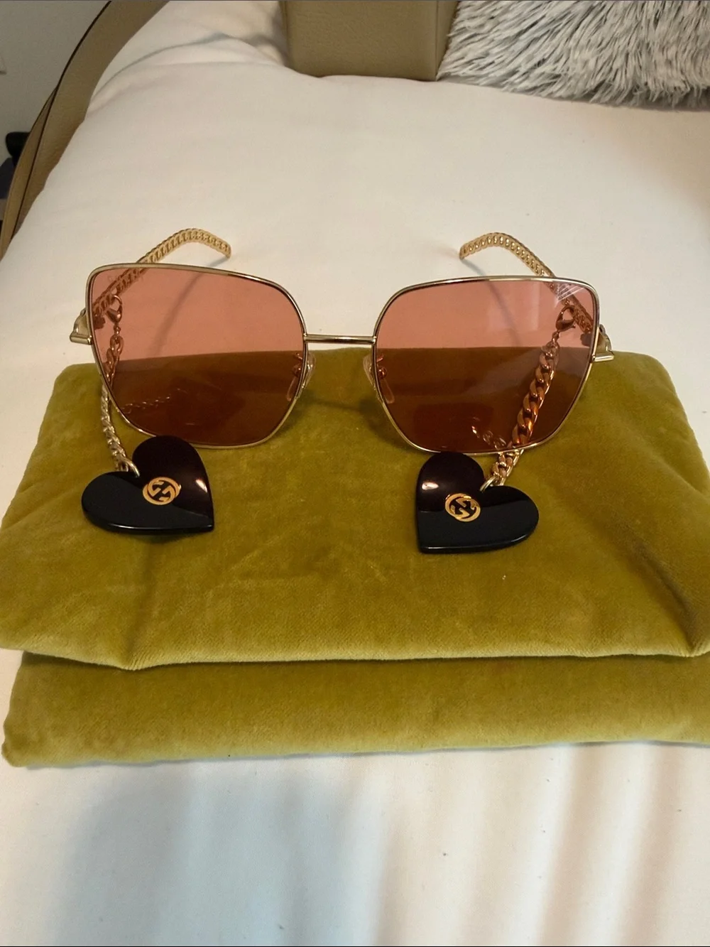 Gucci Gold Frame Pink Lens Heart Charm Sunglasses